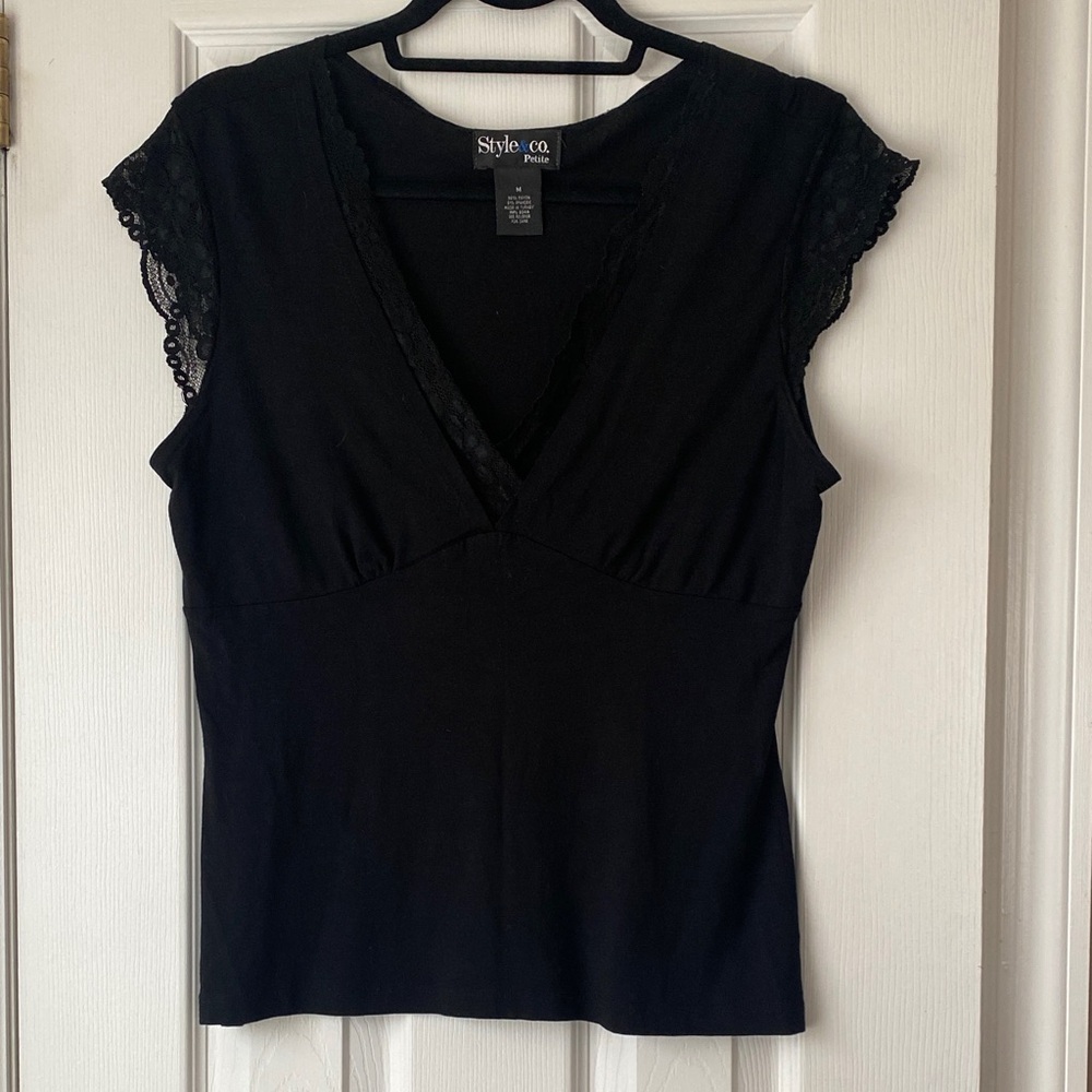 Style & Co. Black V-Neck Lace Sleeve Blouse